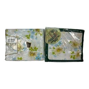 Vtg Pequot Sheets Muslin Double Fitted Flat Mountain Mist Yellow & Blue Floral